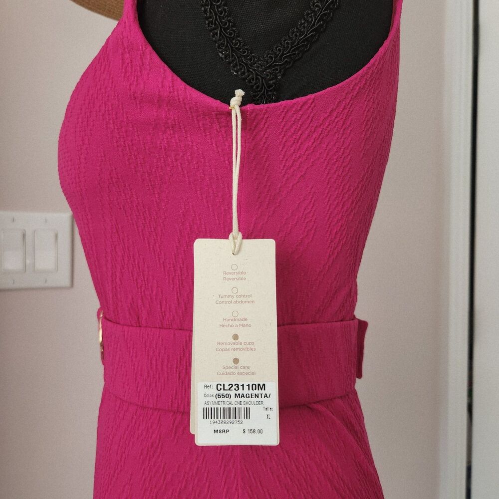 NWT Cosita Linda One Shoulder One Piece Swimsuit Belted Magenta Handmade XL - Picture 7 of 10